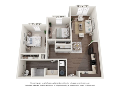 Floor plan for 2 beds, 1 bath, 966 sqft